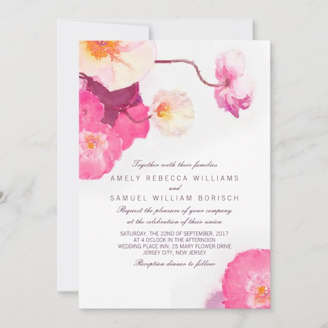 Pink Poppies Watercolor Hochzeit Einladung (Vorderseite)