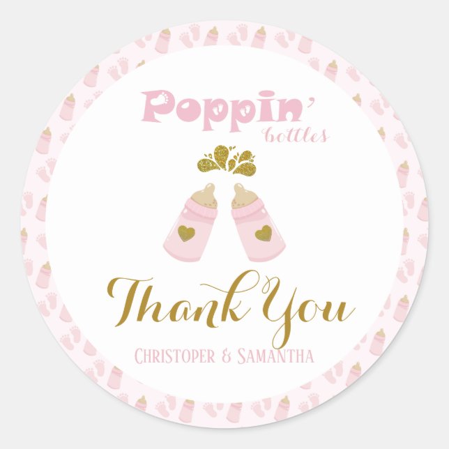 Pink Poppin Flaschen Girl Baby Dusche Runder Aufkleber (Vorderseite)