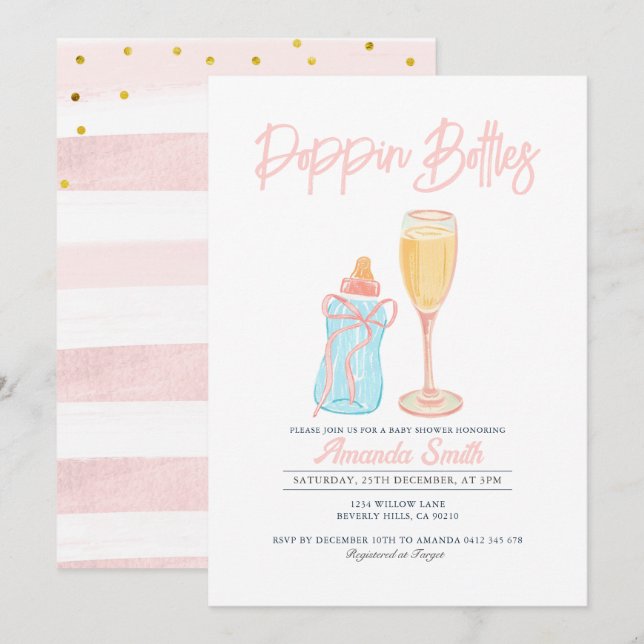 Pink Poppin Flaschen Invite Girl Baby Dusche Einladung (Vorne/Hinten)