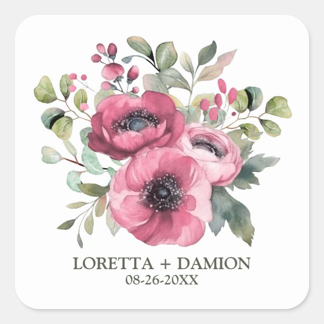 Pink Poppy Blume Hochzeit Quadratischer Aufkleber (Vorderseite)
