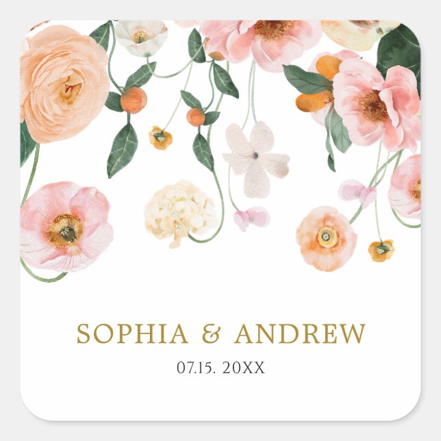 Pink Poppy Floral Wedding Quadratischer Aufkleber (Vorderseite)