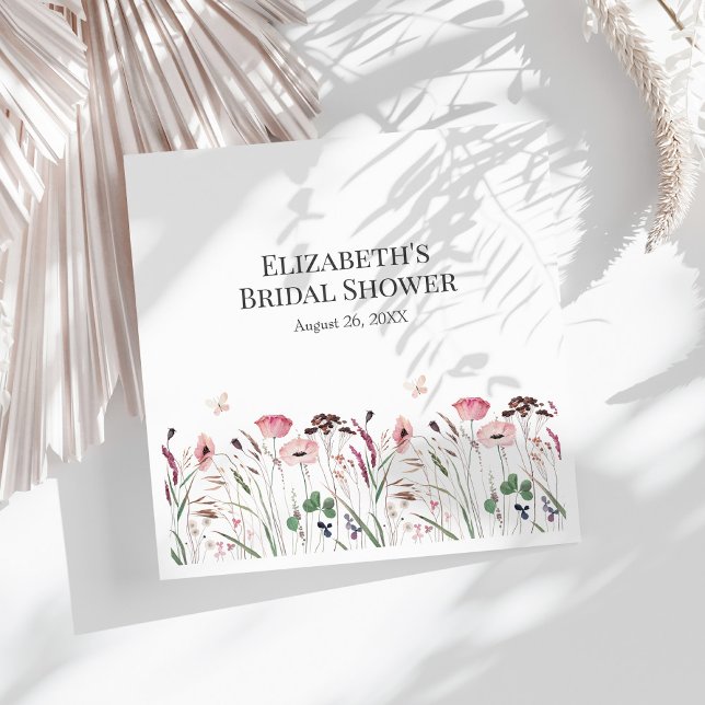 Pink Poppy Meadow Brautparty Napkins Serviette (Pink Poppy Meadow Bridal Shower Napkins on a sunny white table.)