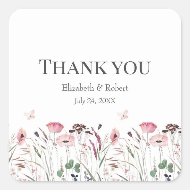 Pink Poppy Meadow Wedding Danke Sticker (Vorderseite)