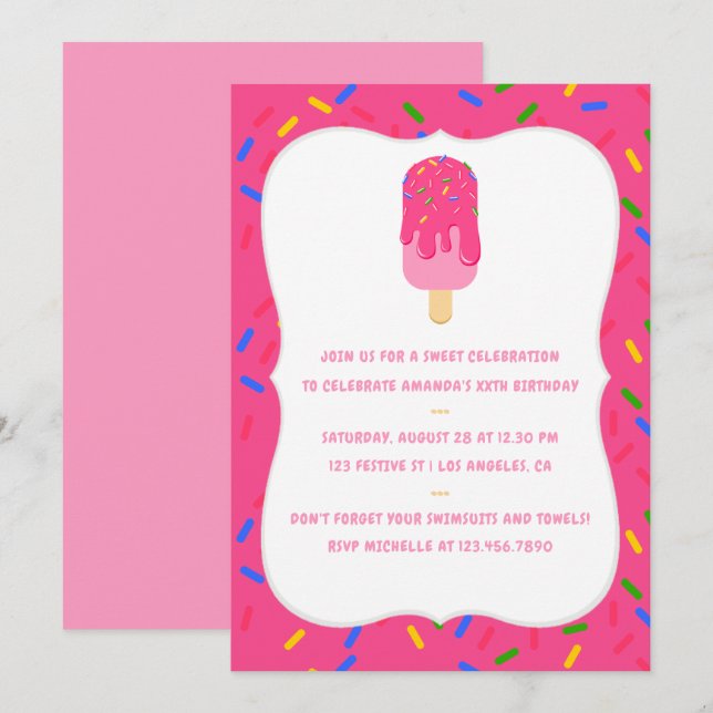 Pink Popsicle Summer Birthday Party Einladung (Vorne/Hinten)