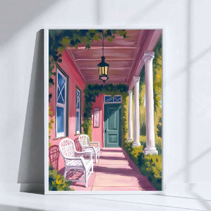 Pink Porch Botanische Deck Blumige Wasserfarbe Poster