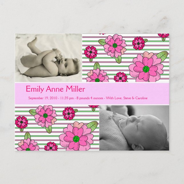 Pink Posy - Baby Girl Ankündigungspostkarte (Vorderseite)