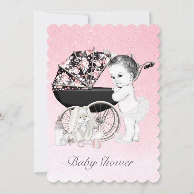 Pink Pram Babydusche Einladung (Vorderseite)