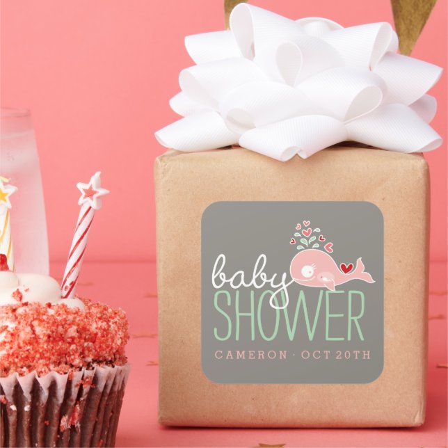 Pink Pregnant Mommy Whale Girl Baby ShowParty Quadratischer Aufkleber (Party)