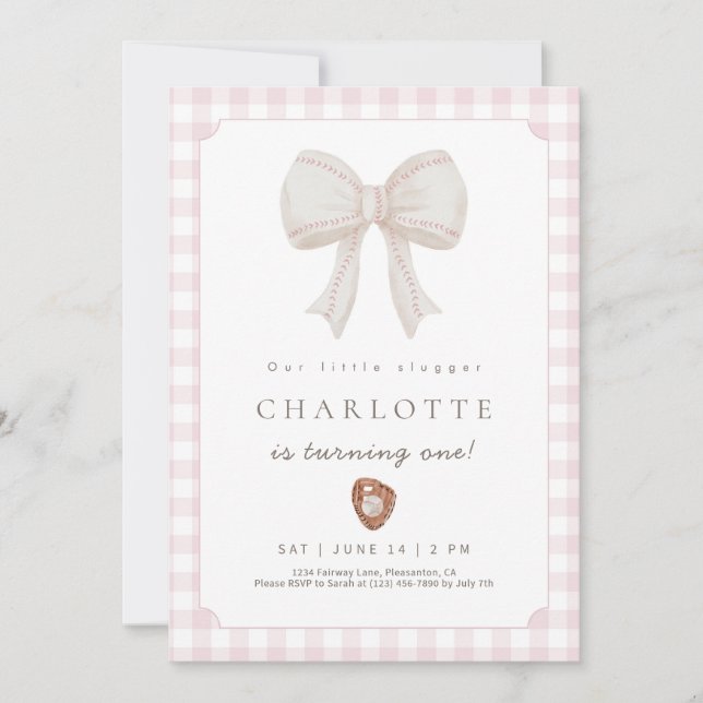Pink Preppy Baseball Bow Birthday Invitation (Devant)