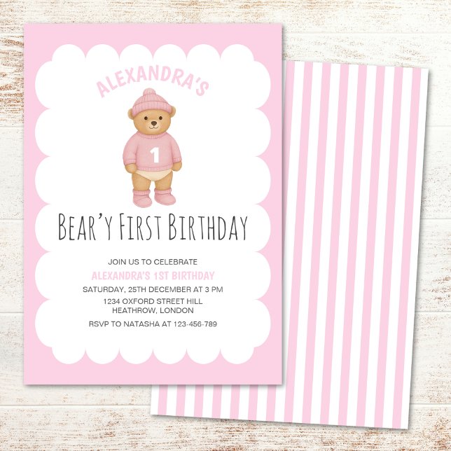 Pink Preppy Bear Beary First Birthday Invitation (Créateur téléchargé)