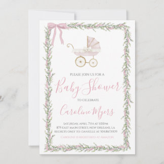 Pink Preppy Carriage Baby Girl Shower Invitation
