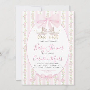 Pink Preppy Floral Coquette Baby Carriage Einladung