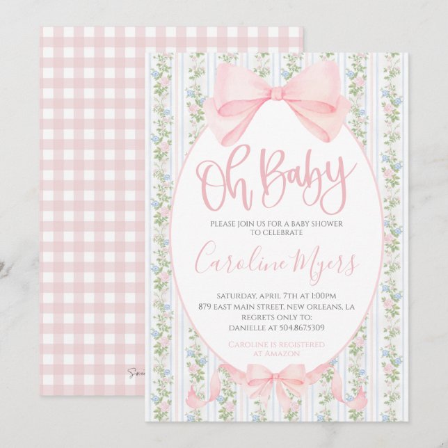 Pink Preppy Floral Coquette Bow Baby Girl Einladung (Vorne/Hinten)