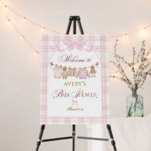 Pink Preppy Teddy Bear Girl Baby Shower Plaid Bow 