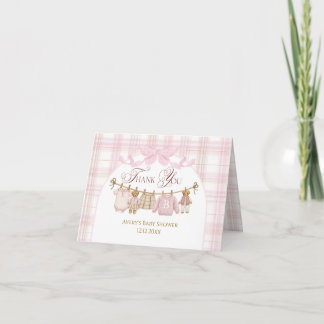 Pink Preppy Teddy Bear Girl Baby Shower Plaid Bow Dankeskarte