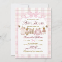 Pink Preppy Teddy Bear Girl Baby Shower Plaid Bow