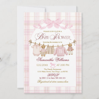 Pink Preppy Teddy Bear Girl Baby Shower Plaid Bow Einladung