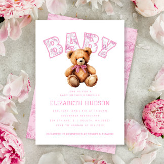 Pink Preppy Varsity Teddy Bear Baby Shower Einladung