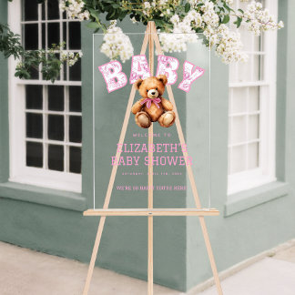 Pink Preppy Varsity Teddy Bear Baby Shower Welcome Acrylschild