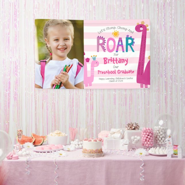 Pink Preschool Abschluss Foto Dinosaur Girl Niedli Banner (Party)