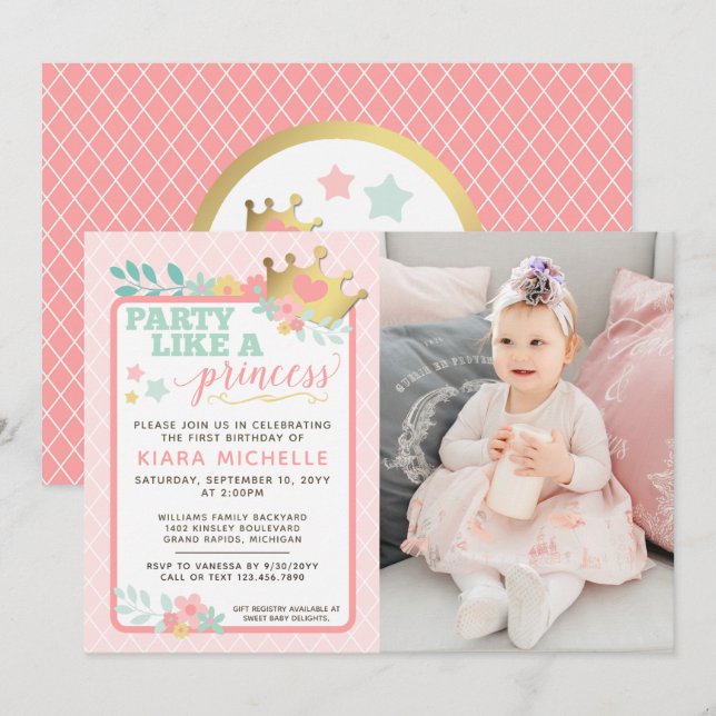 Pink Princess Baby Girl Einladung zum Geburtstag (Vorne/Hinten)