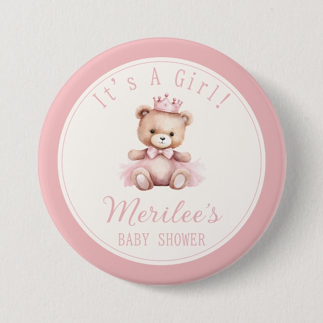 Pink Princess Bear Baby Girl Babydusche Button (Vorderseite)