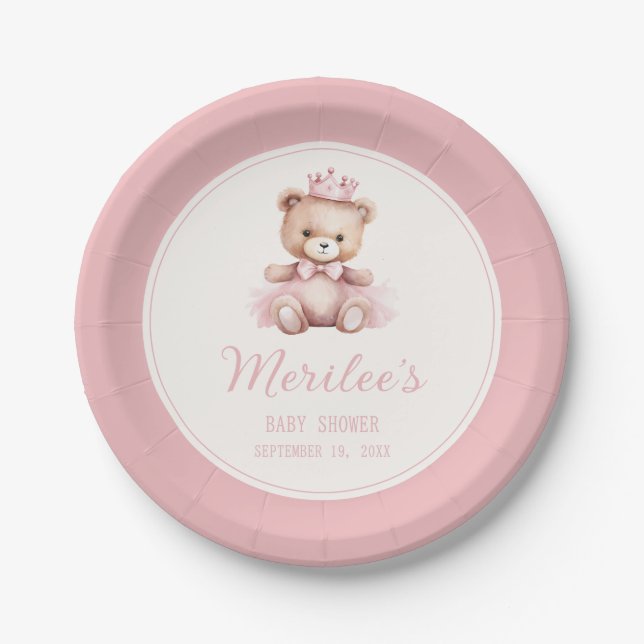 Pink Princess Bear Baby Girl Babydusche Pappteller (Vorderseite)