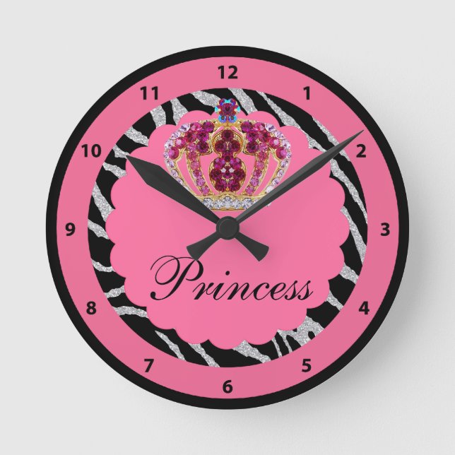 Pink Princess Bling Crown & Zebra Print Horloge (Recto)