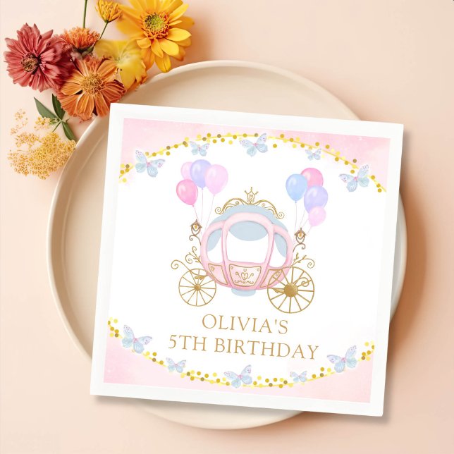 Pink Princess Carriage Girl Birthday Party Serviette (Von Creator hochgeladen)