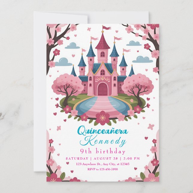 Pink Princess Castle Birthday for Girls Einladung (Vorderseite)