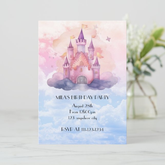Pink princess castle girl birthday invitation (Debout devant)