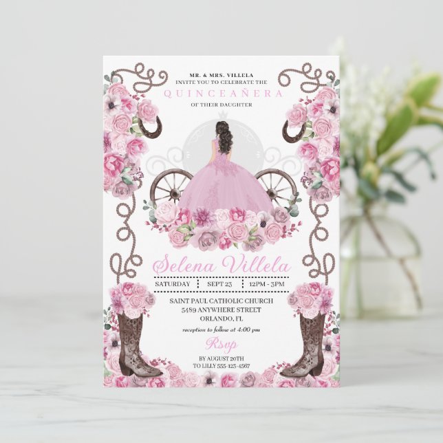 Pink Princess Dress & Boots Quinceañera Einladung (Stehend Vorderseite)