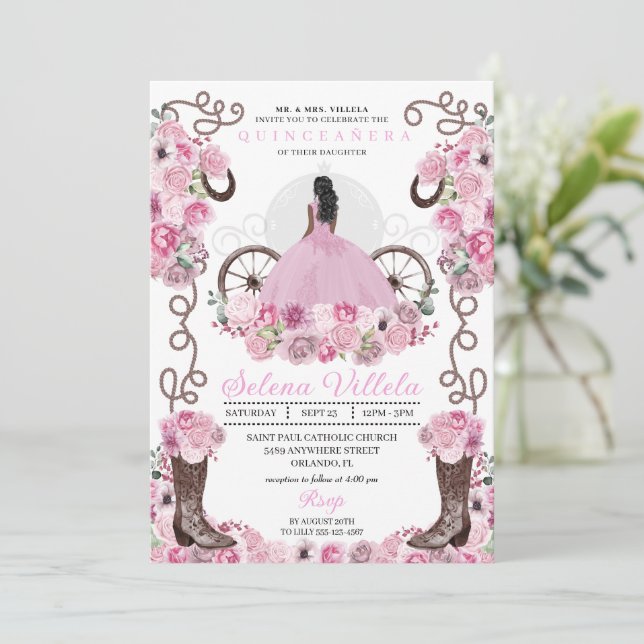 Pink Princess Dress & Boots Quinceañera Einladung (Stehend Vorderseite)