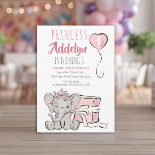 Pink Princess Elephant 1. Geburtstagsfeier Einladung