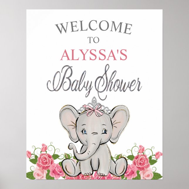 Pink Princess Elephant Tiara Baby Dusche Empfang Poster (Vorne)