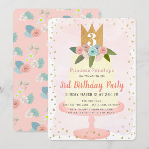 Pink Princess Floral Cake Girl Geburtstagseinladun Einladung