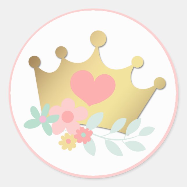 Pink Princess Gold Crown & Pastell Blume Geburtsta Runder Aufkleber (Vorderseite)