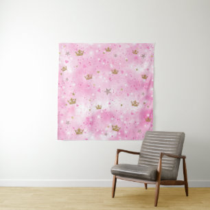 Pink Princess Hearts Stars Kronen Glitzer Sparkass Wandteppich
