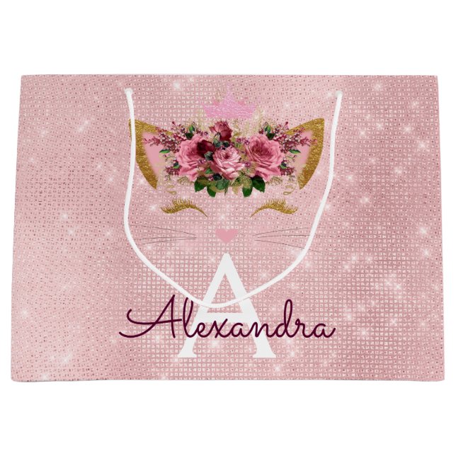 Pink Princess Kitten Rose Gold Blush Pink Glitzer Große Geschenktüte (Vorderseite)