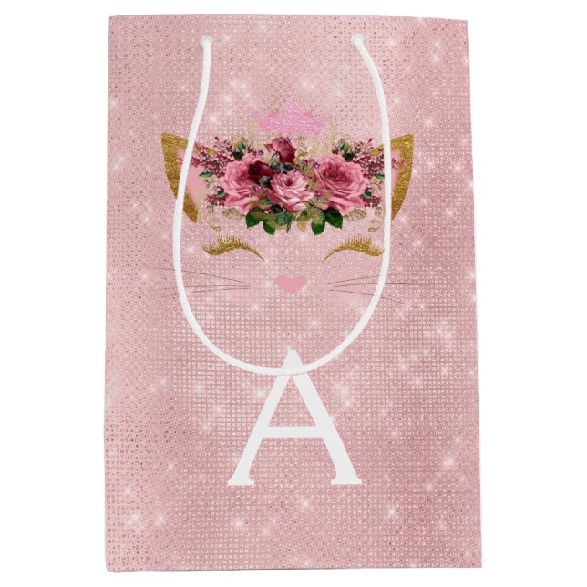 Pink Princess Kitten Rose Gold Blush Pink Glitzer Mittlere Geschenktüte (Vorderseite)