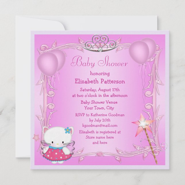 Pink Princess Kitty Cat Fairy Babydusche Einladung (Vorderseite)