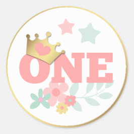 Pink Princess "One" Crown Baby Girl Erster Geburts Runder Aufkleber