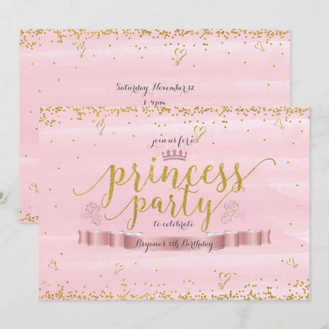 Pink Princess Party & Gold Anniversaire Invitation (Devant / Derrière)