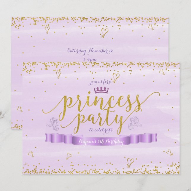 Pink Princess Purple & Gold Invitations d'annivers (Devant / Derrière)