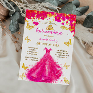 Pink Princess Quinceanera Floral Einladung