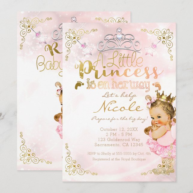 Pink Princess Sparkle Tutu & Crown Babydusche Einladung (Vorne/Hinten)