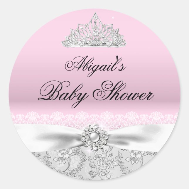 Pink Princess Tiara & Bow Baby Showsticker Runder Aufkleber (Vorderseite)