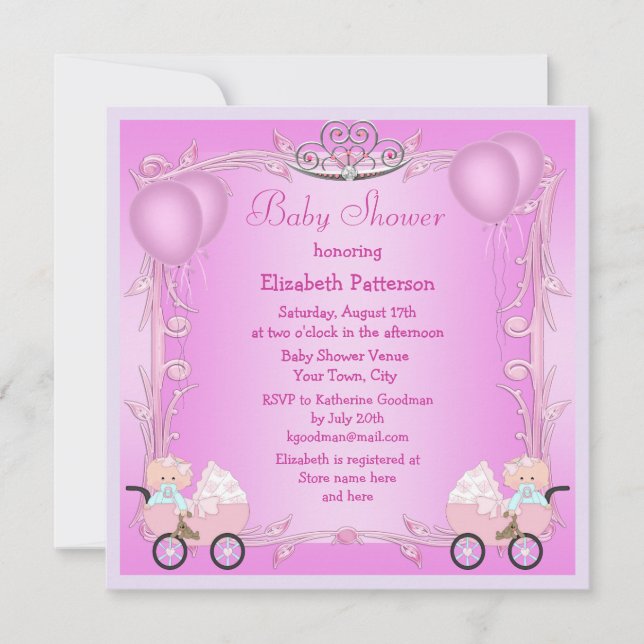 Pink Princess Twin Girls in Stwalzen Babydusche Einladung (Vorderseite)