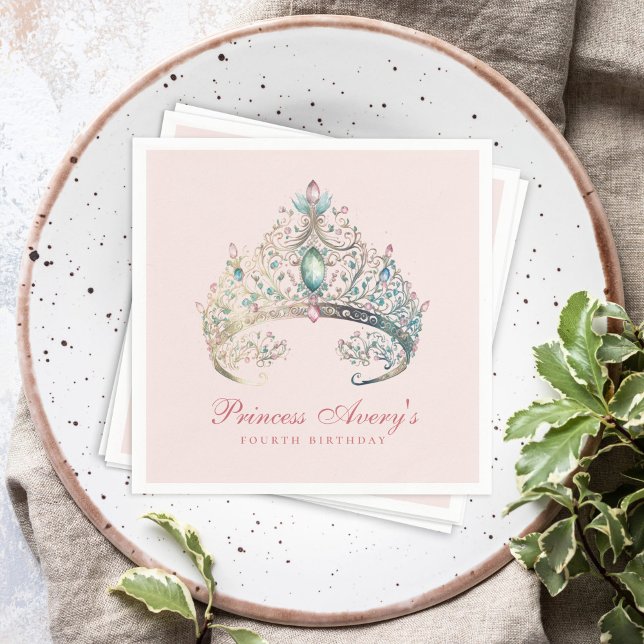 Pink Princess Watercolor Tiara Birthday Serviette (Von Creator hochgeladen)