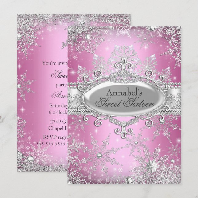 Pink Princess Winter Wonderland Sweet 16 Einladung (Vorne/Hinten)